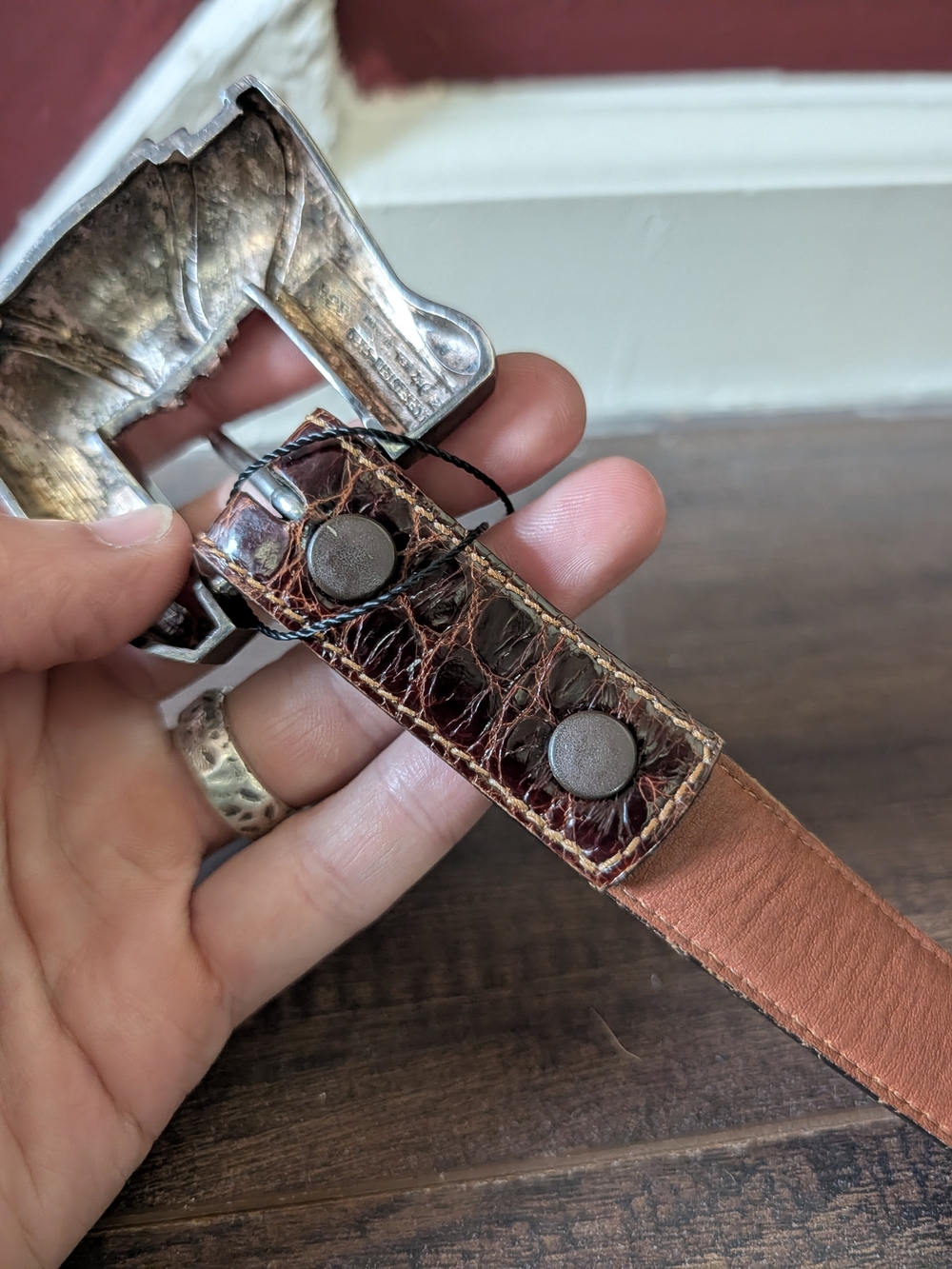 KIESELSTEIN-CORD Chunky 925 Sterling Silver Buckle & Tip Brown Alligator Belt - Picture 8 of 16